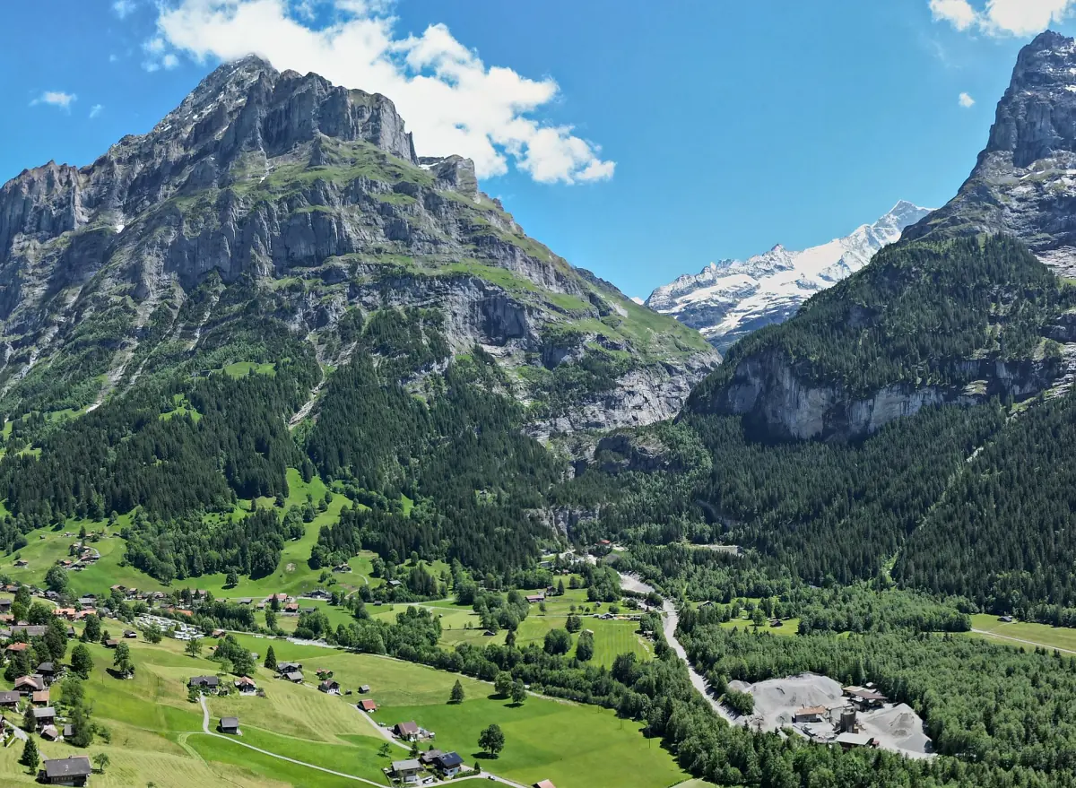 Aerial view of the valley above Grindelwald where the Glacier Canyon cuts between the mountains