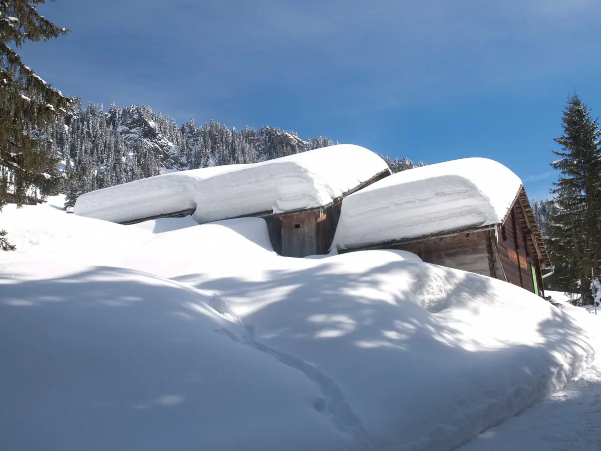 Deep snow on wooden barns in the forest near Grindelwald