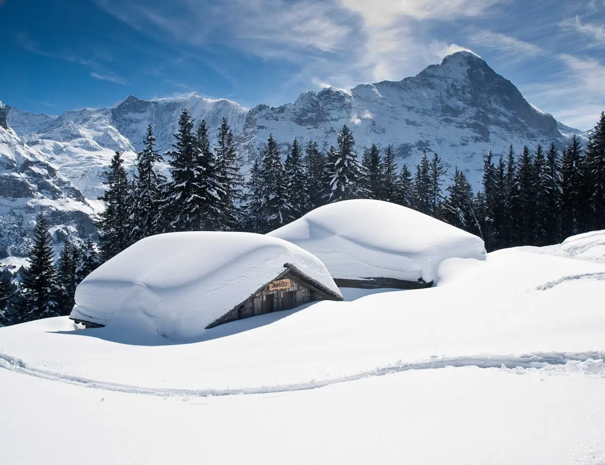 Snow-covered huts near Grindelwald in winter, with mountains behind