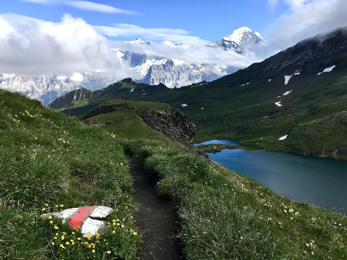 Hiking trail with red-and-white waymark leading to the Bachalpsee